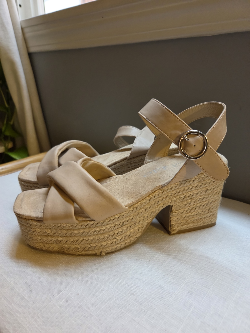 Neutral Espadrille Platform Sandals with Buckle Strap